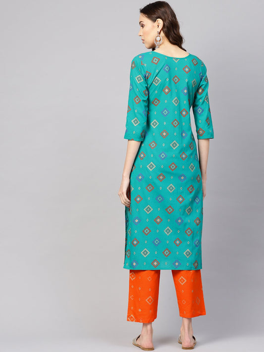 Women Green & Orange Printed Kurta With Palazzos | LASVINI - Redefining Indian Fashion with Elegance