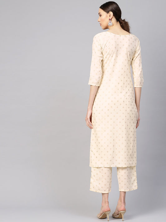 Women Cream-Coloured & Golden Printed Kurta With Trousers | LASVINI - Redefining Indian Fashion with Elegance