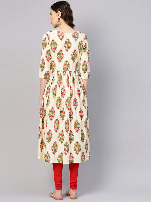 Women Off-White & Green Printed Midi Fit And Flare Dress | LASVINI - Redefining Indian Fashion with Elegance