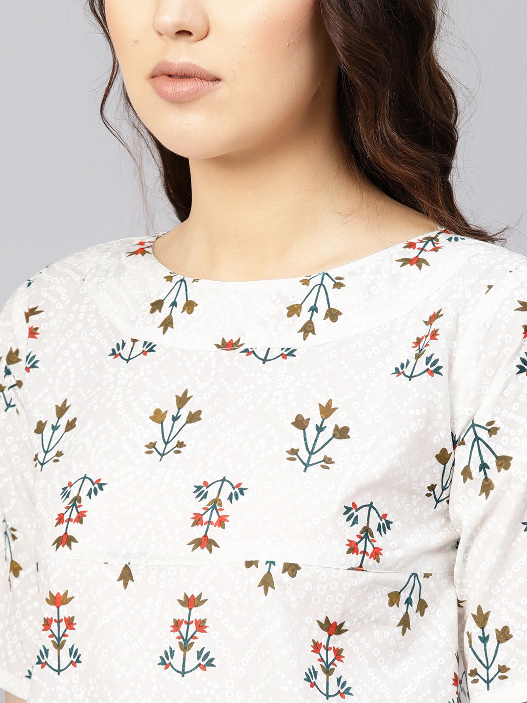 Women Off-White & Green Printed Empire Top | LASVINI - Redefining Indian Fashion with Elegance