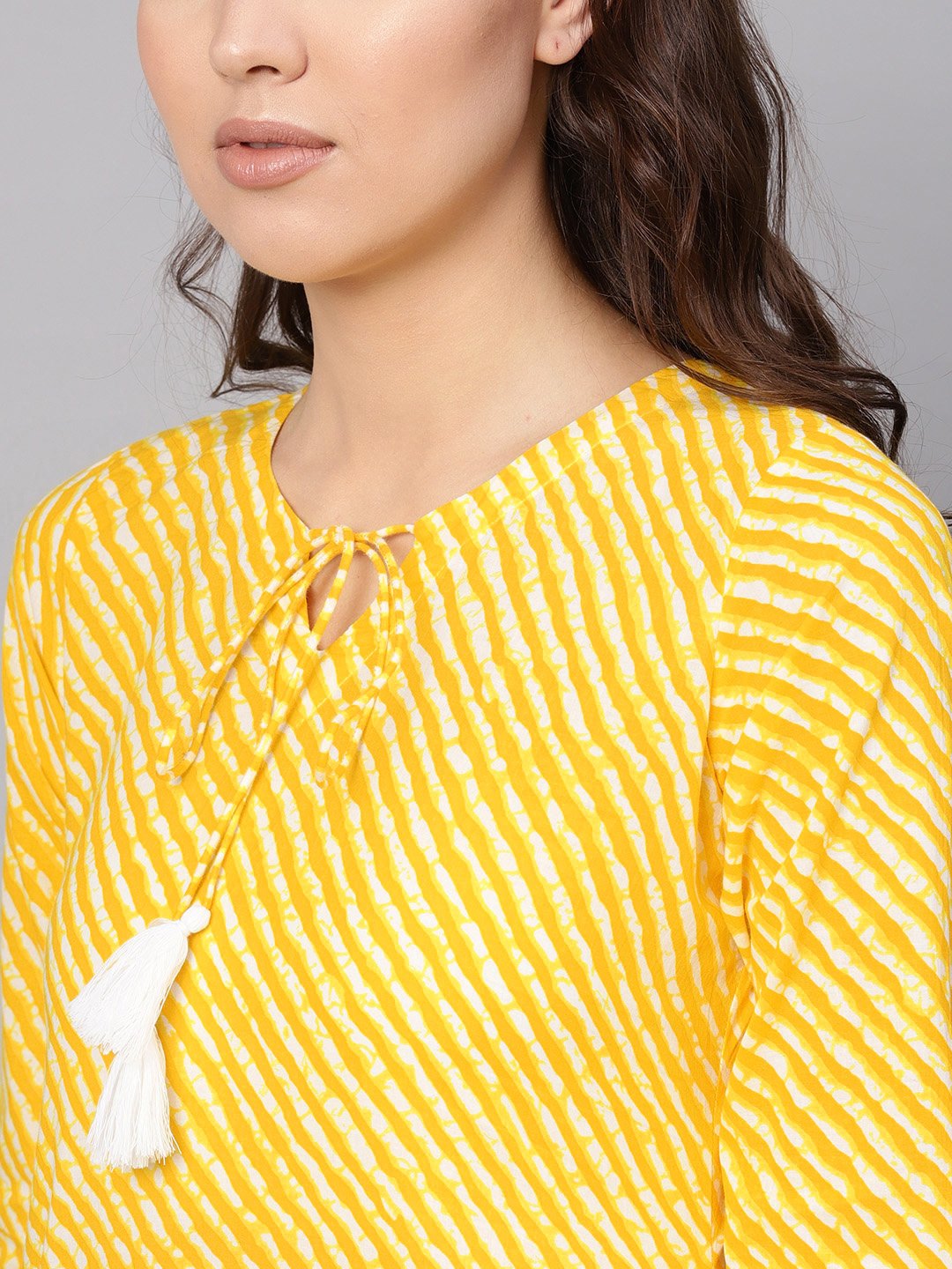 Women Yellow & White Leheriya Print Straight Kurta | LASVINI - Redefining Indian Fashion with Elegance