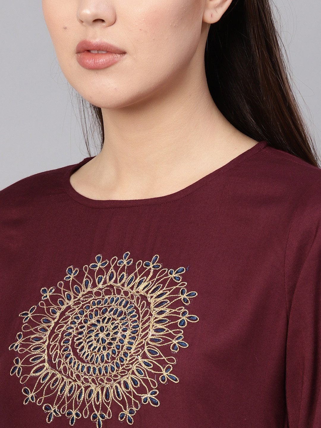 Women Burgundy Yoke Design Straight Kurta | LASVINI - Redefining Indian Fashion with Elegance