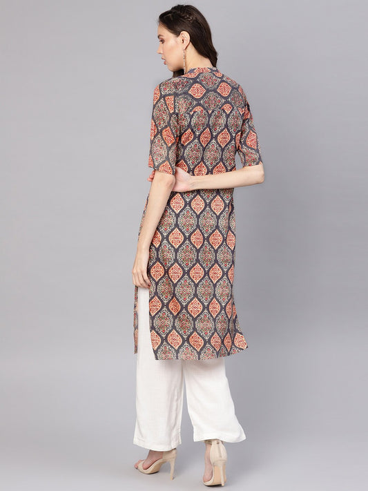 Women Grey & White Printed Kurta With Palazzos | LASVINI - Redefining Indian Fashion with Elegance