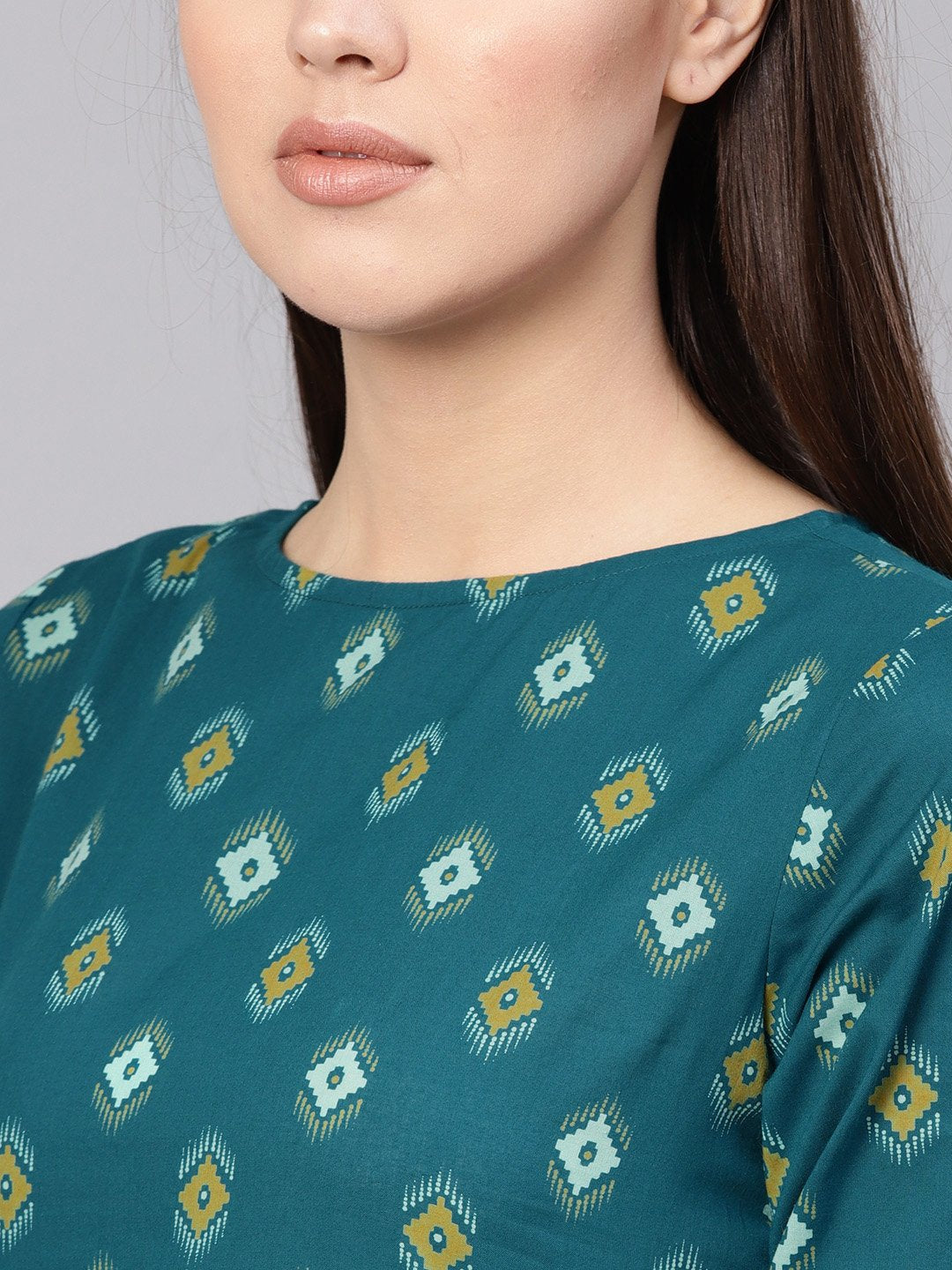 Women Teal Blue & Yellow Printed Maxi Dress | LASVINI - Redefining Indian Fashion with Elegance