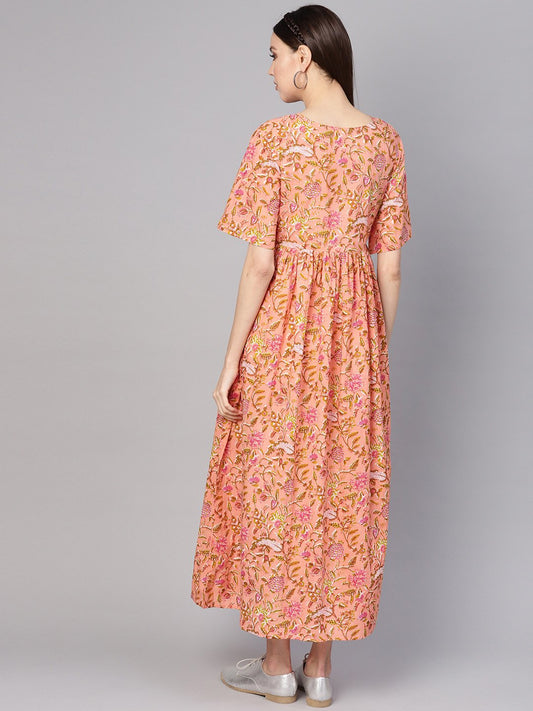 Women Peach-Coloured & Green Printed Maxi Dress | LASVINI - Redefining Indian Fashion with Elegance