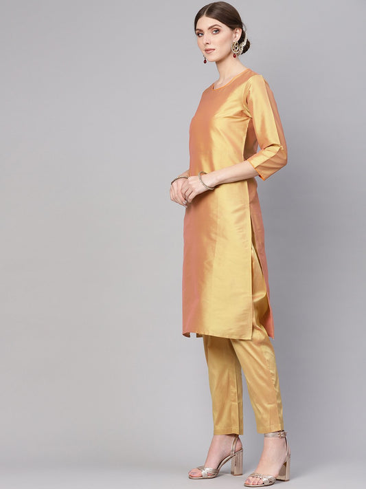 Women Golden & Orange Solid Kurta With Palazzos & Dupatta | LASVINI - Redefining Indian Fashion with Elegance