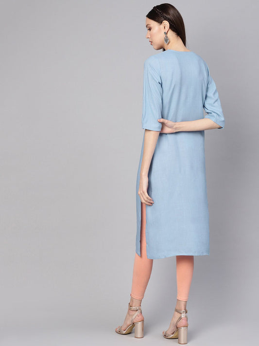 Women Blue Embroidered Detail Straight Kurta | LASVINI - Redefining Indian Fashion with Elegance