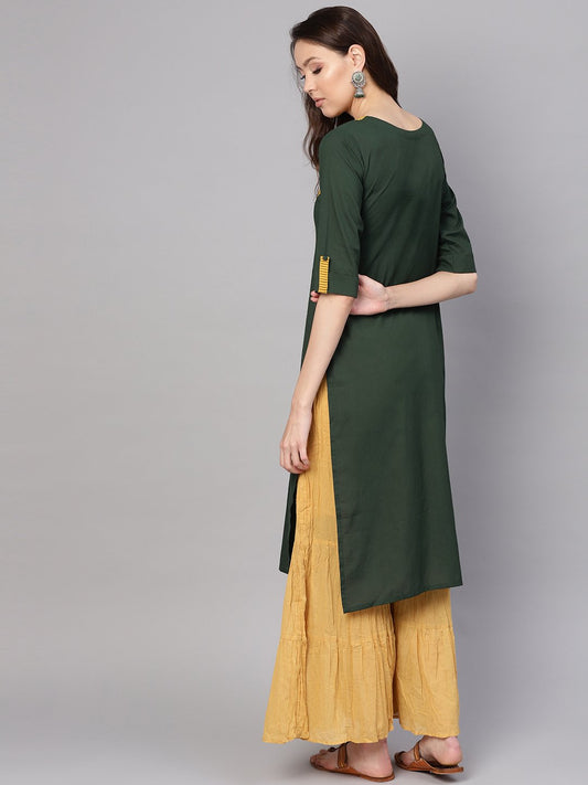 Women Green & Yellow Yoke Design Straight Kurta | LASVINI - Redefining Indian Fashion with Elegance