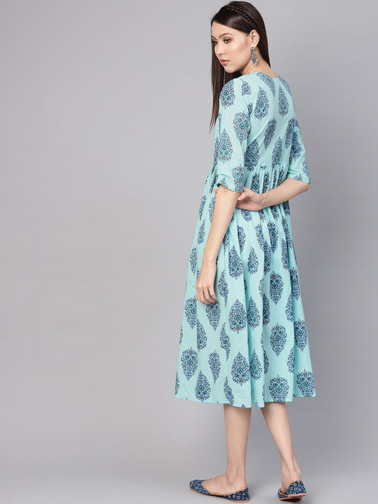 Women Blue Printed A-Line Dress | LASVINI - Redefining Indian Fashion with Elegance