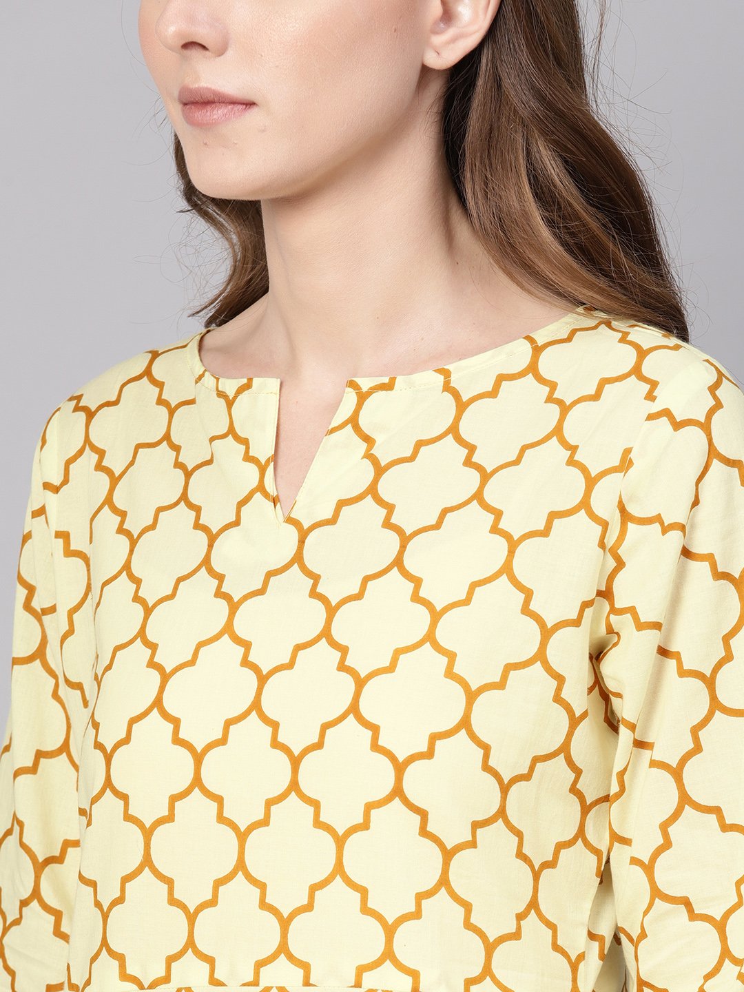 Women Cream-Coloured & Mustard Brown Printed Straight Kurta | LASVINI - Redefining Indian Fashion with Elegance