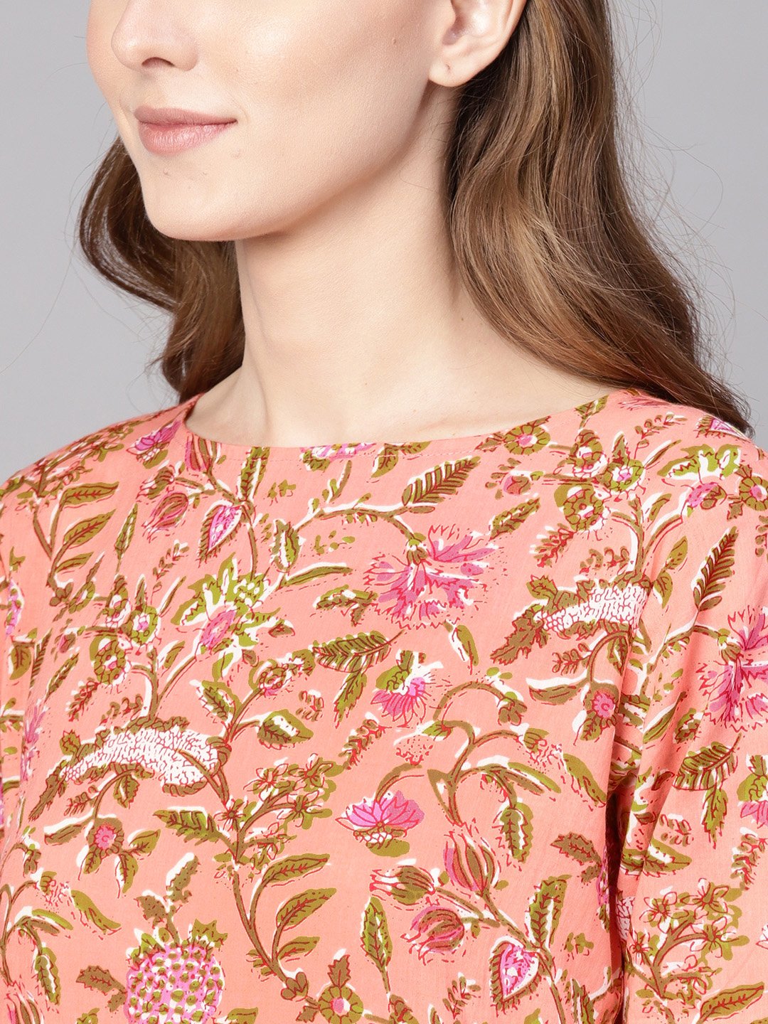 Women Peach-Coloured & Olive Green Printed Straight Kurta | LASVINI - Redefining Indian Fashion with Elegance