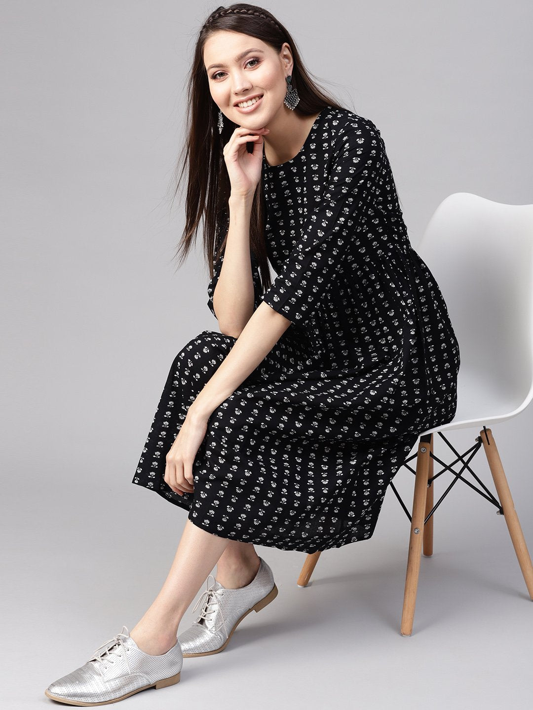 Women Black & Off-White Printed A-Line Dress | LASVINI - Redefining Indian Fashion with Elegance