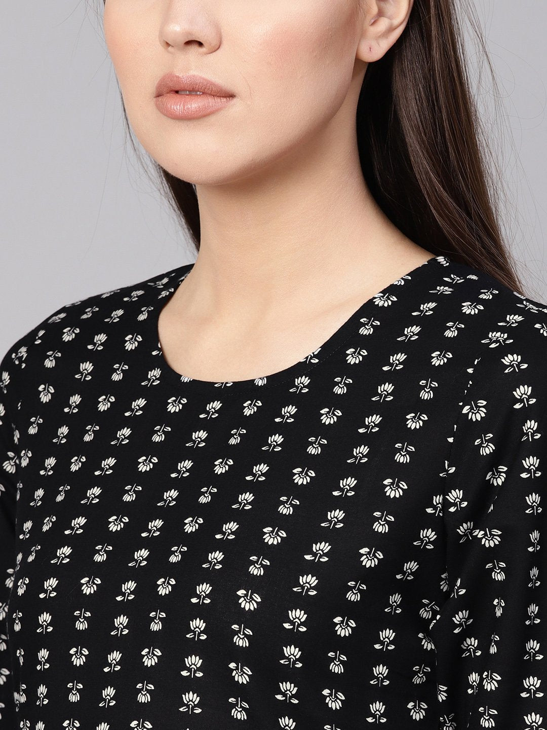 Women Black & Off-White Printed A-Line Dress | LASVINI - Redefining Indian Fashion with Elegance