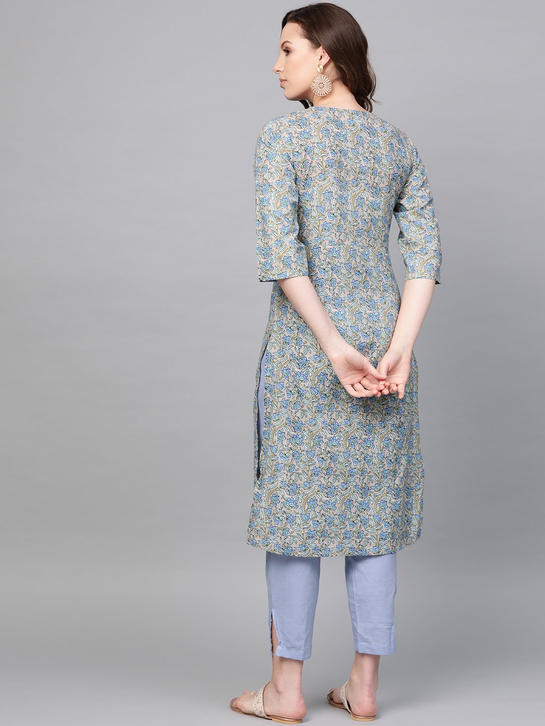 Women Blue Three-Quarter Sleeves Printed Straight Pure Cotton Kurta With Trouser Set | LASVINI - Redefining Indian Fashion with Elegance