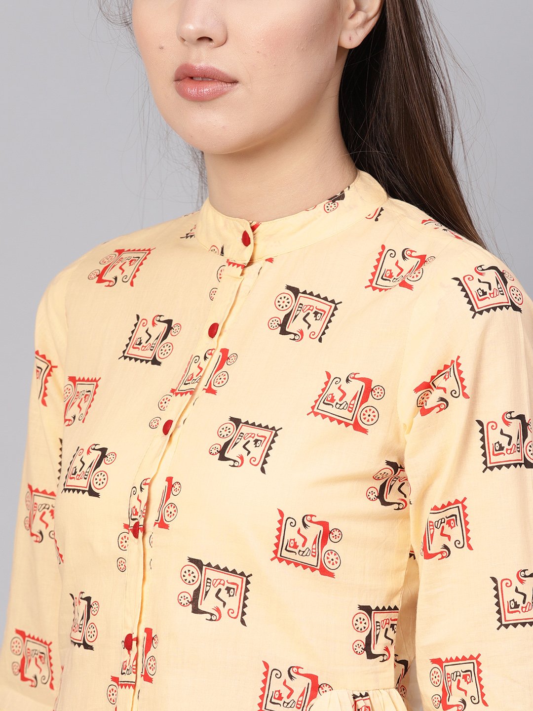 Women Cream-Coloured & Red Printed Shirt Style Top | LASVINI - Redefining Indian Fashion with Elegance