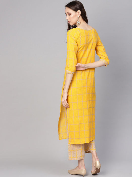 Women Yellow & Beige Checked Kurta With Trousers | LASVINI - Redefining Indian Fashion with Elegance