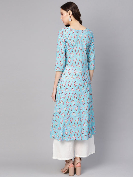 Women Blue & White Printed Kurta With Palazzos | LASVINI - Redefining Indian Fashion with Elegance