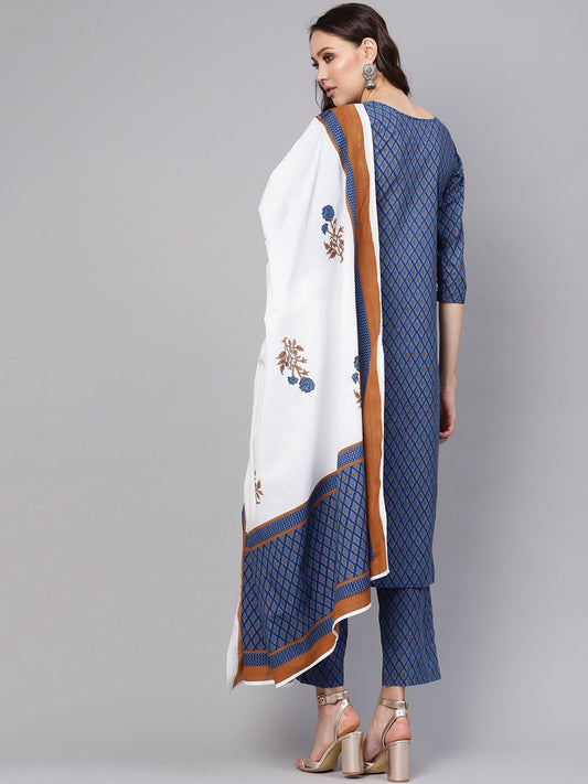 Women Blue & White Printed Kurta With Trousers & Dupatta | LASVINI - Redefining Indian Fashion with Elegance