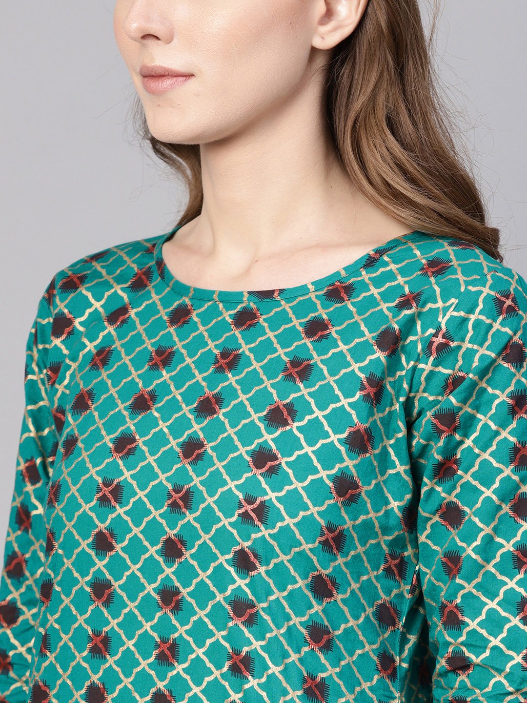 Women Green & Brown Printed Straight Kurta | LASVINI - Redefining Indian Fashion with Elegance