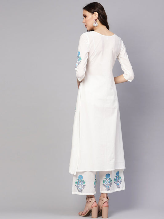 Women White & Blue Printed Kurta With Palazzos | LASVINI - Redefining Indian Fashion with Elegance