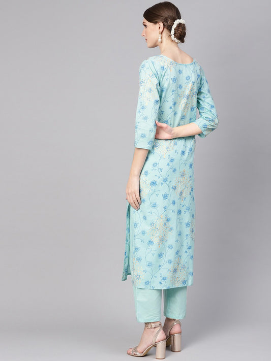 Women Blue Printed Kurta With Trousers | LASVINI - Redefining Indian Fashion with Elegance