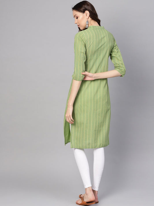 Women Green & Red Striped Straight Kurta | LASVINI - Redefining Indian Fashion with Elegance