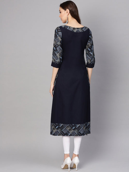 Women Navy Blue Solid A-Line Kurta | LASVINI - Redefining Indian Fashion with Elegance