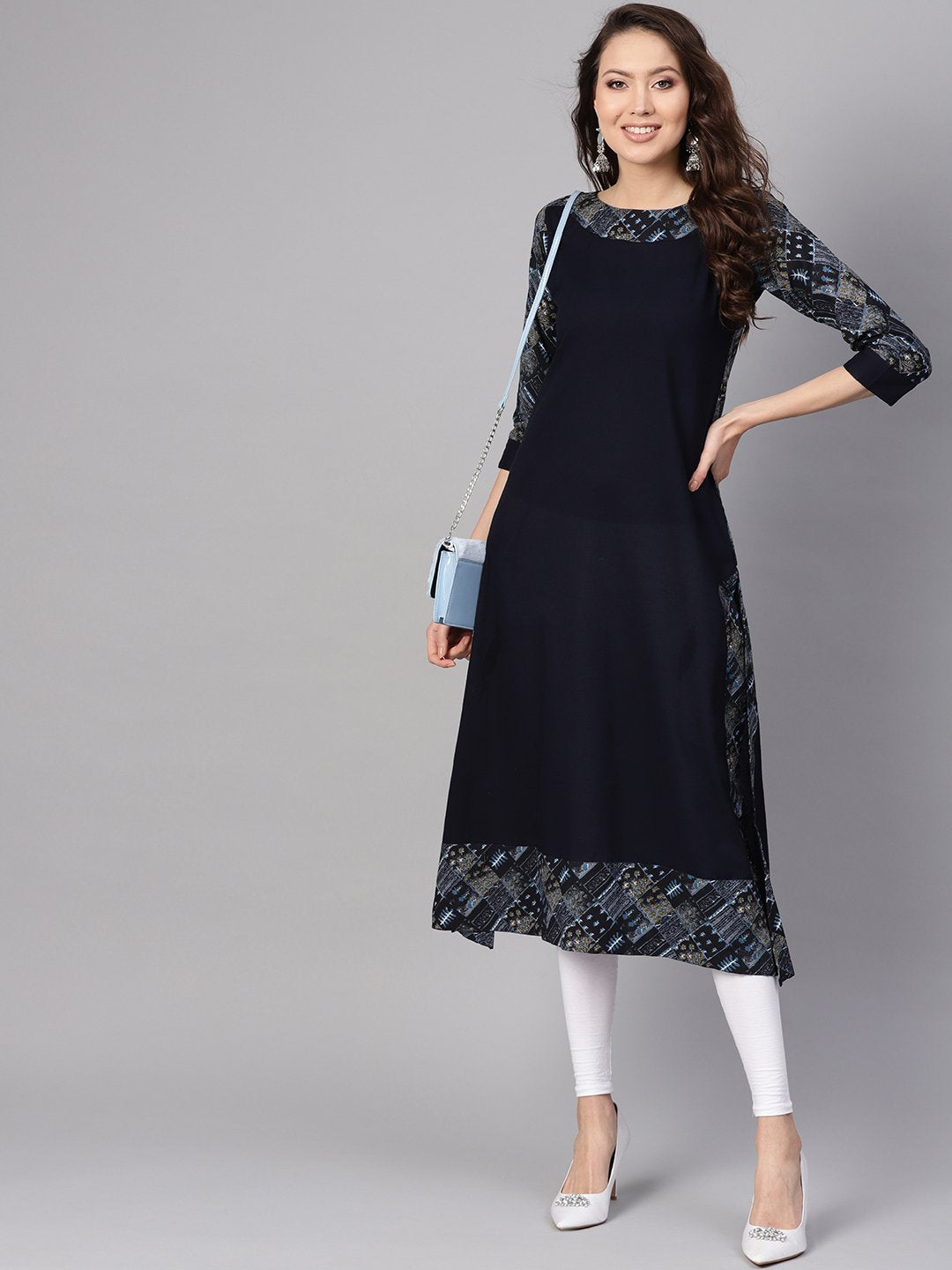 Women Navy Blue Solid A-Line Kurta | LASVINI - Redefining Indian Fashion with Elegance