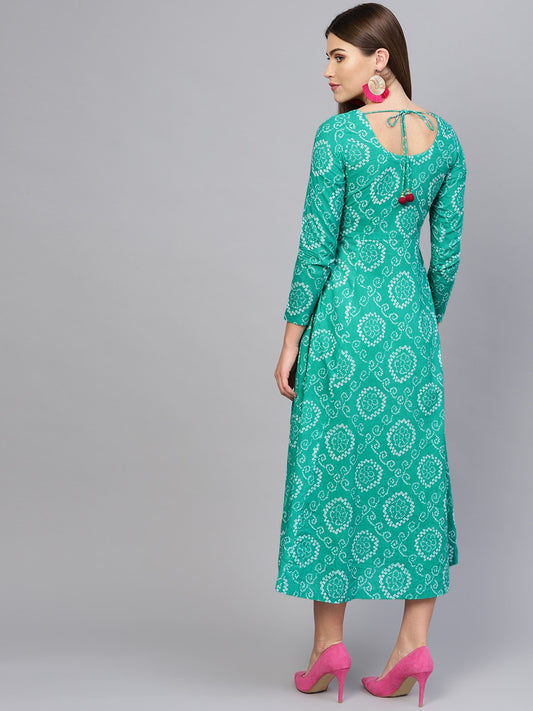 Women Green & White Printed Maxi Dress | LASVINI - Redefining Indian Fashion with Elegance