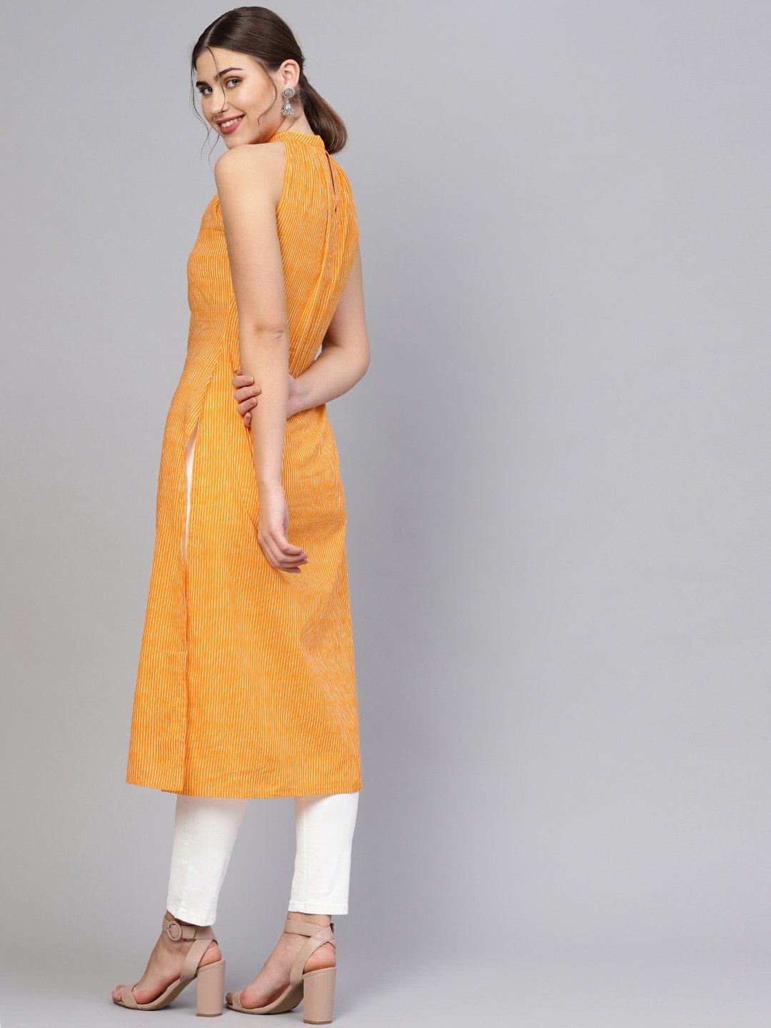 Women Orange & Off-White Striped Straight Kurta | LASVINI - Redefining Indian Fashion with Elegance