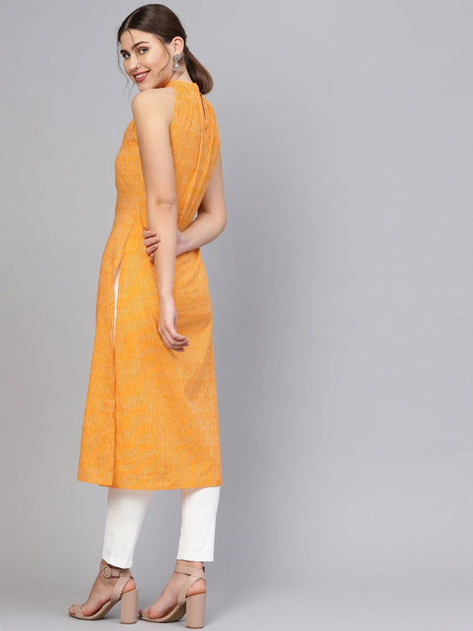 Women Orange & Off-White Striped Straight Kurta | LASVINI - Redefining Indian Fashion with Elegance