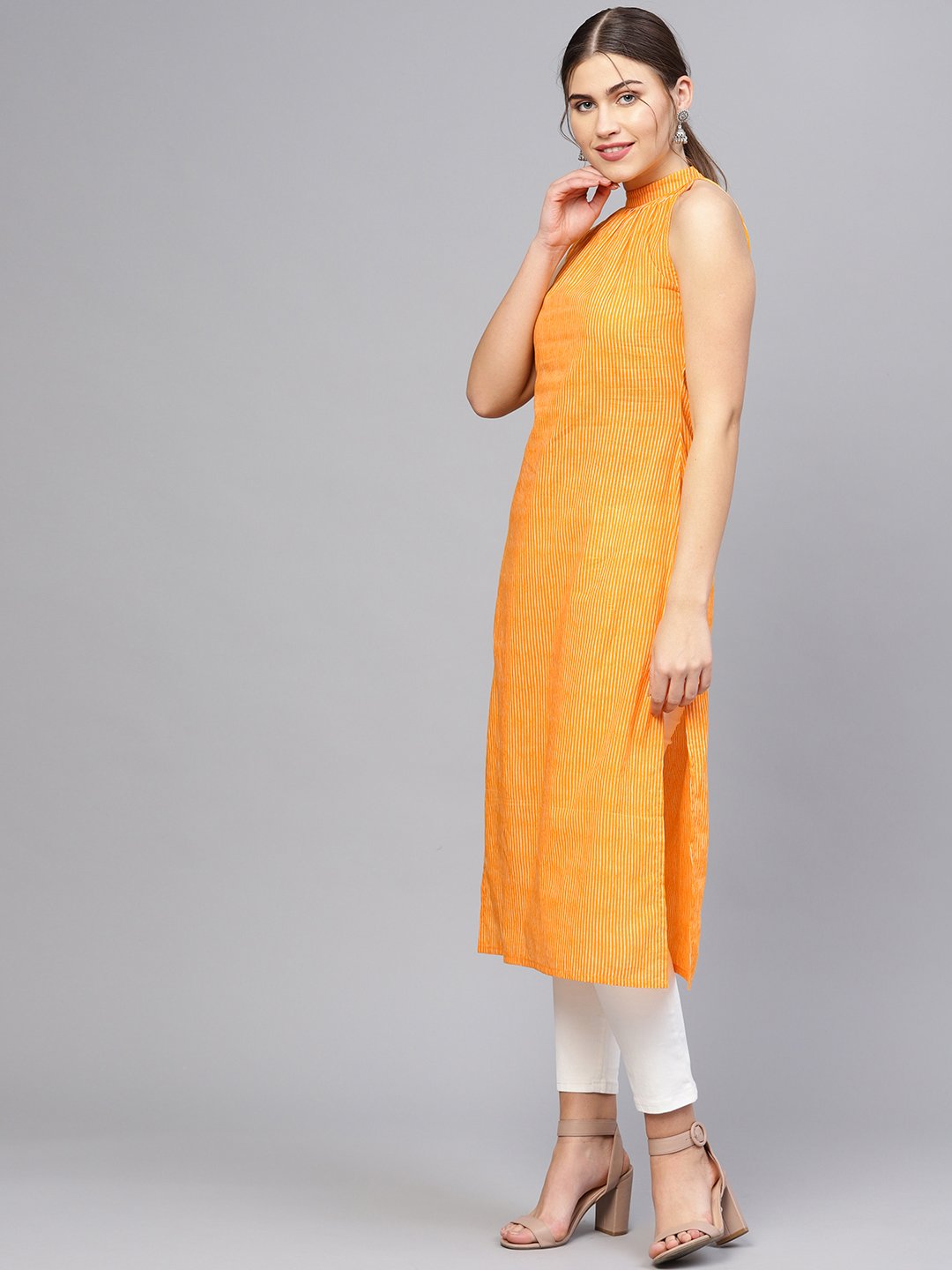 Women Orange & Off-White Striped Straight Kurta | LASVINI - Redefining Indian Fashion with Elegance