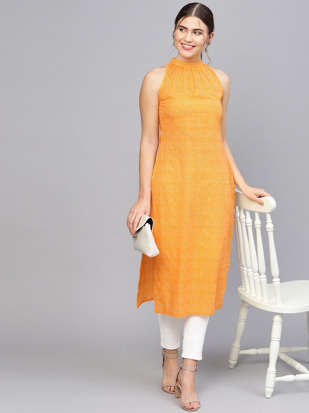 Women Orange & Off-White Striped Straight Kurta | LASVINI - Redefining Indian Fashion with Elegance