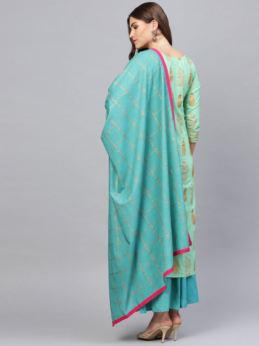 Women Green & Blue Printed Kurta With Skirt & Dupatta | LASVINI - Redefining Indian Fashion with Elegance