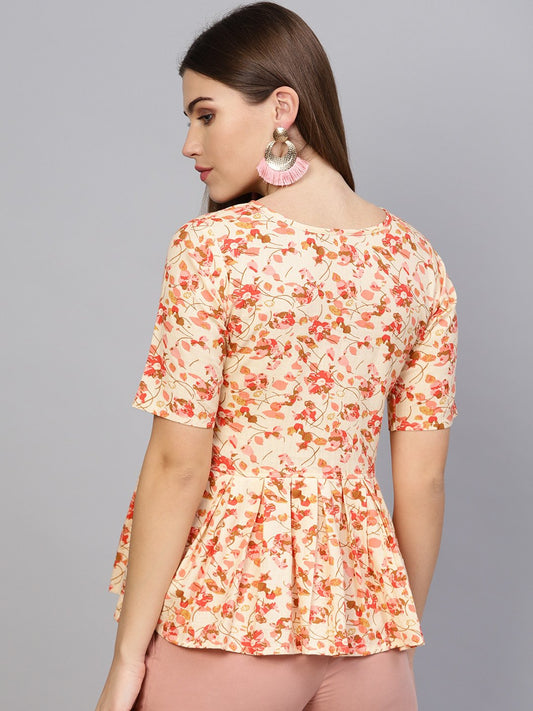 Women Cream-Coloured & Pink Printed Peplum Top | LASVINI - Redefining Indian Fashion with Elegance