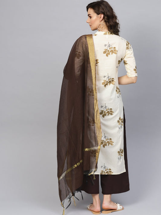 Women Cream-Coloured & Coffee Brown Printed Kurta With Palazzos & Dupatta | LASVINI - Redefining Indian Fashion with Elegance