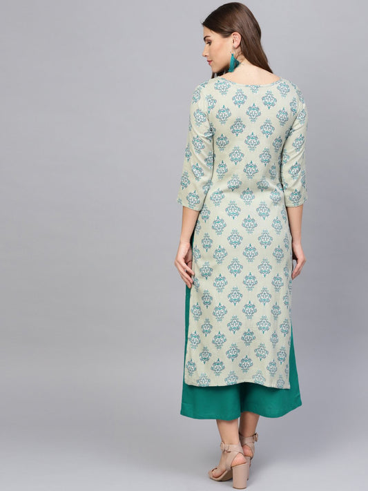 Women Green & Grey Printed Kurta With Palazzos | LASVINI - Redefining Indian Fashion with Elegance
