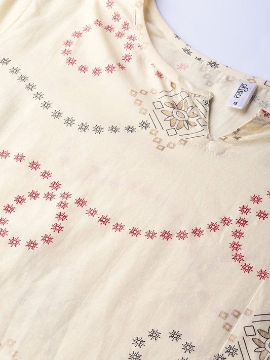 Women Cream-Coloured & Red Printed Kurta With Trousers | LASVINI - Redefining Indian Fashion with Elegance