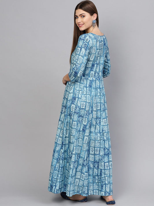 Women Blue Printed Maxi Dress | LASVINI - Redefining Indian Fashion with Elegance