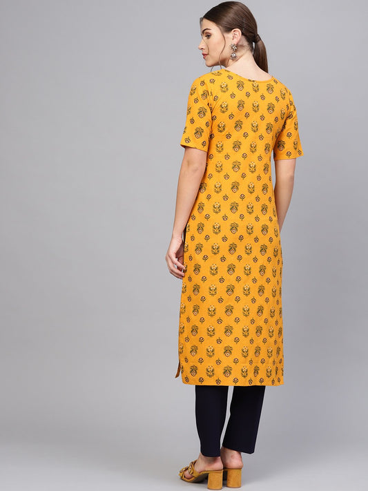 Women Mustard Yellow & Green Printed Straight Kurta | LASVINI - Redefining Indian Fashion with Elegance