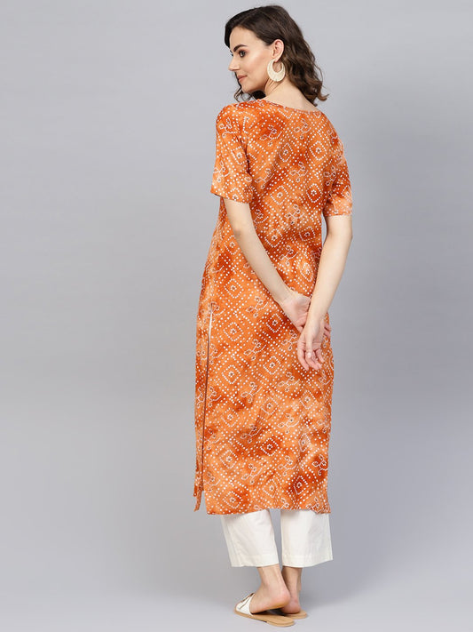 Women Rust Orange & White Bandhani Printed Straight Kurta | LASVINI - Redefining Indian Fashion with Elegance