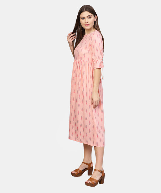Women Peach-Coloured Printed A-Line Dress | LASVINI - Redefining Indian Fashion with Elegance