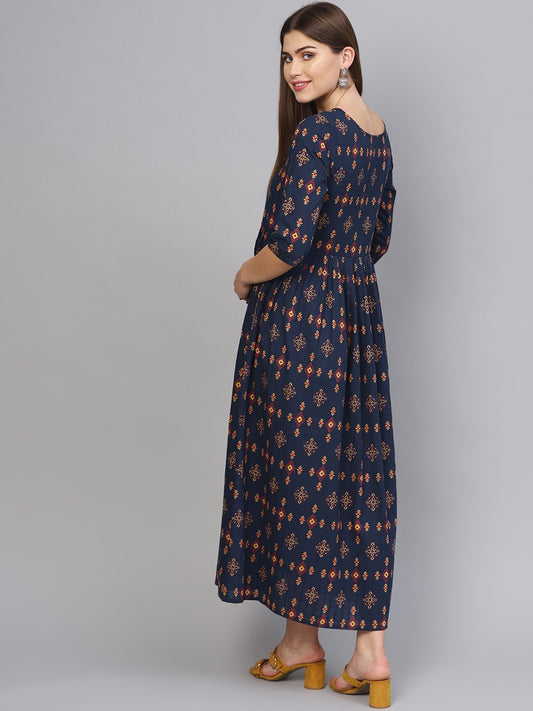 Women Navy Blue & Beige Printed Maxi Dress | LASVINI - Redefining Indian Fashion with Elegance