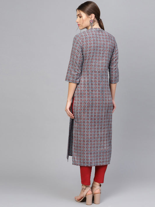 Women Navy Blue & Maroon Printed Straight Kurta | LASVINI - Redefining Indian Fashion with Elegance