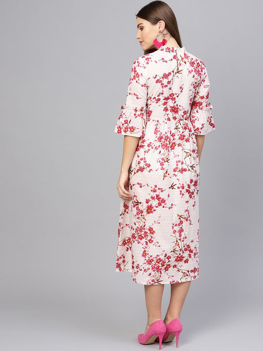 Women Off-White & Pink Printed Empire Dress | LASVINI - Redefining Indian Fashion with Elegance