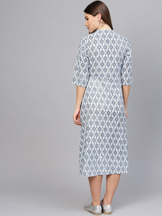 Women Navy Blue & Off-White Printed A-Line Dress | LASVINI - Redefining Indian Fashion with Elegance