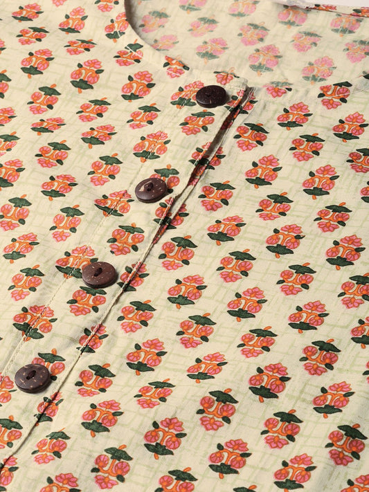 Beige With Multi Floral Printed Kurta With Buttons Detailing | LASVINI - Redefining Indian Fashion with Elegance