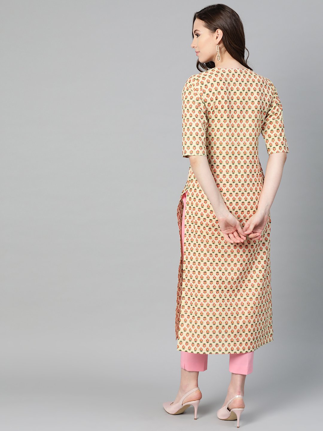 Beige With Multi Floral Printed Kurta With Buttons Detailing | LASVINI - Redefining Indian Fashion with Elegance