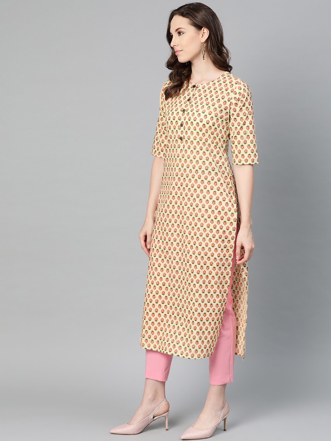 Beige With Multi Floral Printed Kurta With Buttons Detailing | LASVINI - Redefining Indian Fashion with Elegance