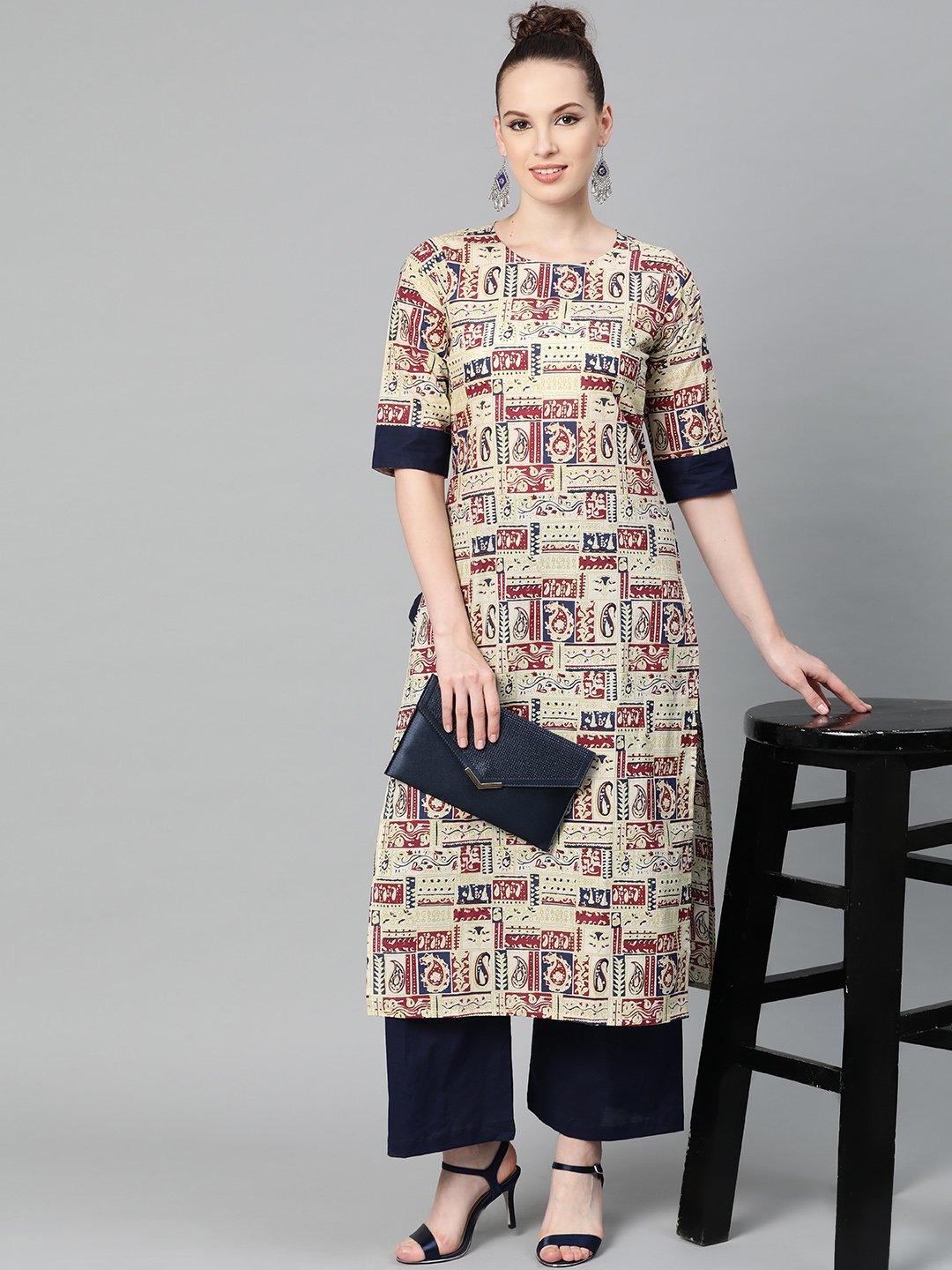 Beige With Multi Colored Abstract Print Kurta With Solid Navy Blue Pallazos | LASVINI - Redefining Indian Fashion with Elegance